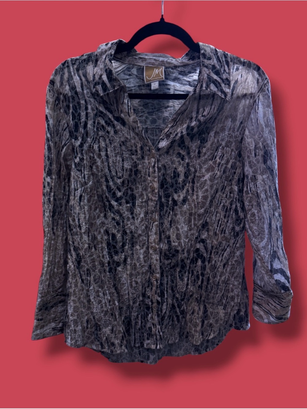 JM Collection Brown and Black Animal-Print Button-Down Blouse